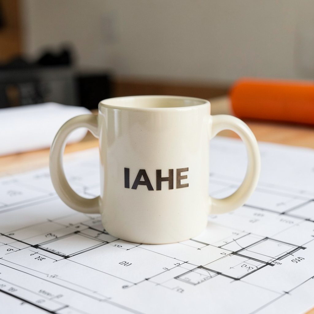 Sturdy ceramic coffee mug in cream with IAHE logo, set on a desk near blueprints